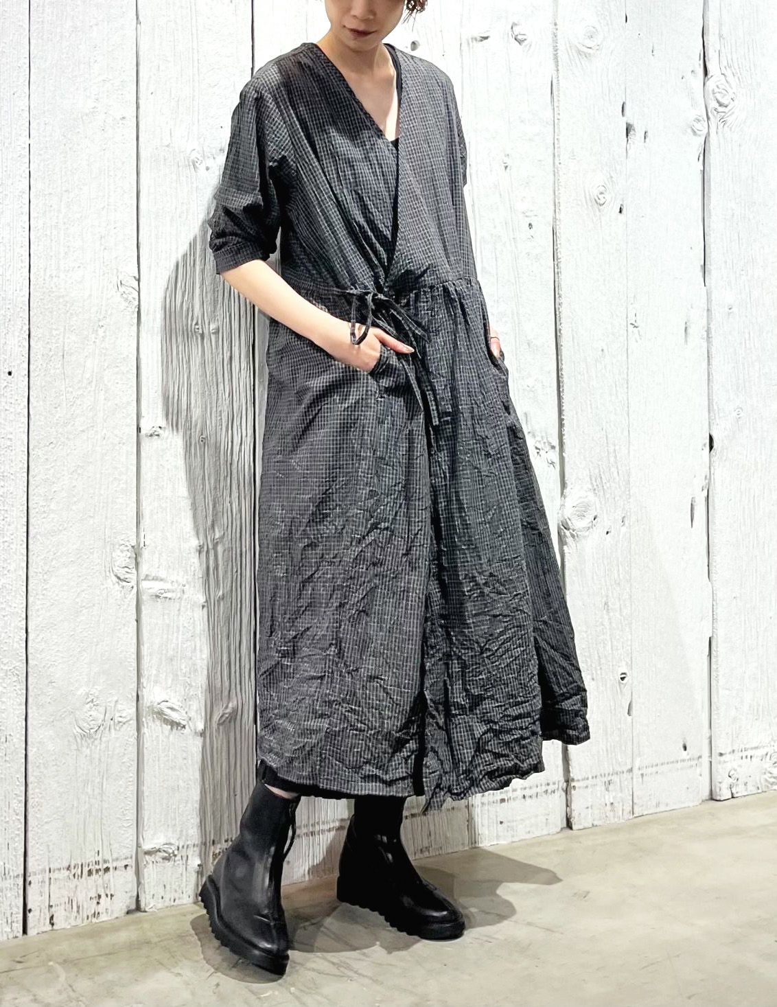 FINAL SALE】 オーガニックミニチェックワッシャー カシュクールドレス